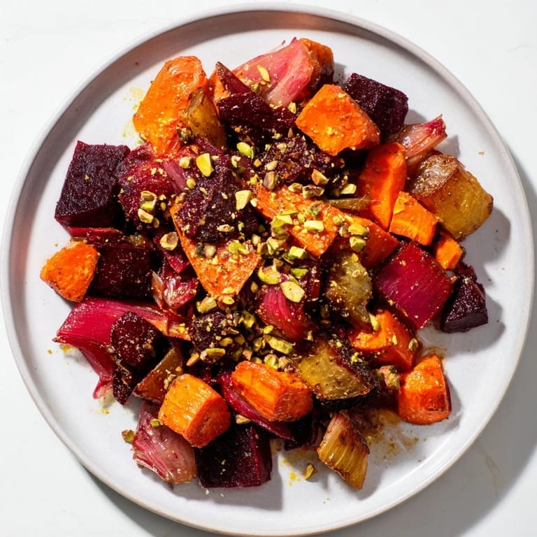 Warm and flavorful, picture the tender Balsamic Glazed Root Vegetables with a sprinkle of pistachio topping.