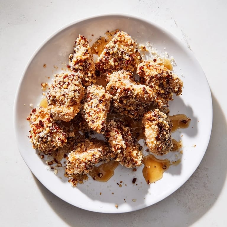 These bite-sized Pecan-Crusted Maple Dijon Chicken pieces are perfectly cooked and glazed beautifully.