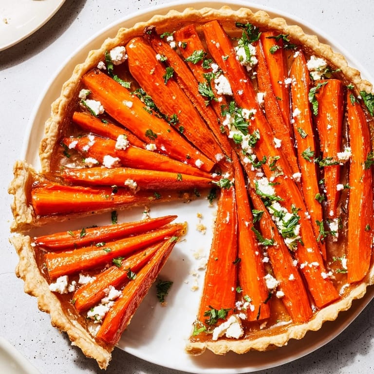 A close-up of a rustic Maple Miso Carrot Tart, garnished with fresh parsley and flaky salt.