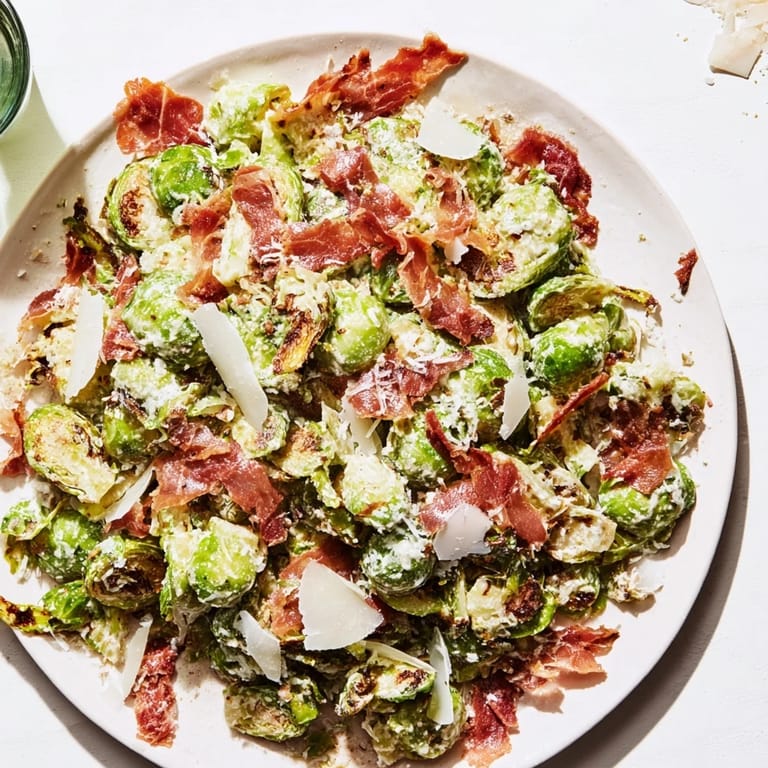 This warm Brussels Sprouts Caesar, topped with crunchy prosciutto, is a hearty, flavorful salad option for dinner.