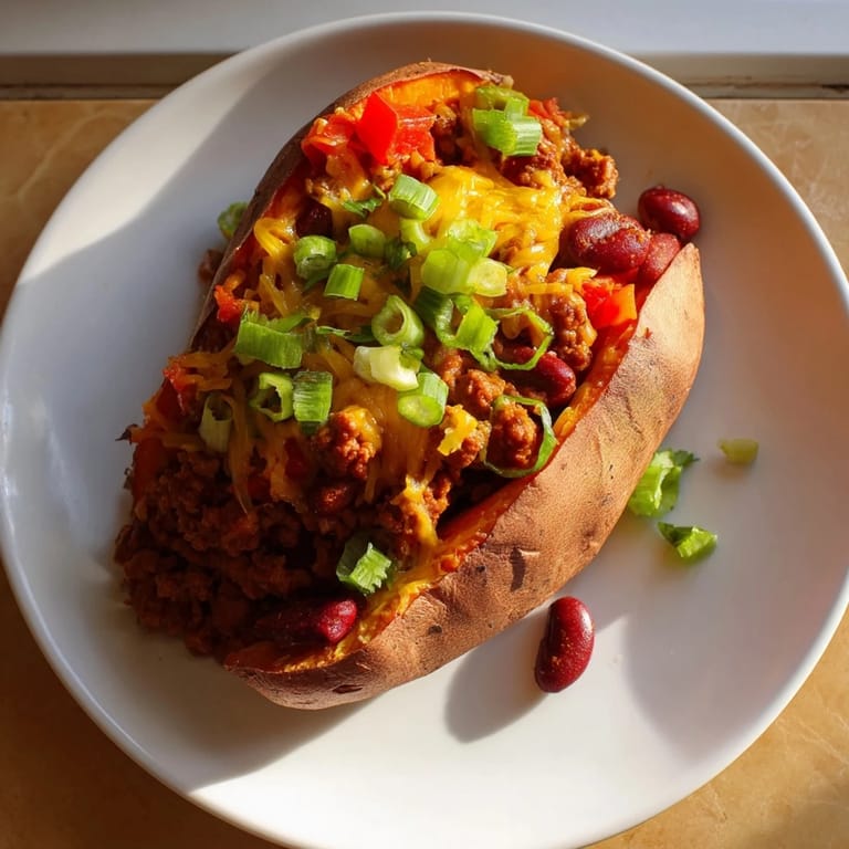 A close-up shows a baked sweet potato stuffed with chili, loaded with hearty beef and toppings.