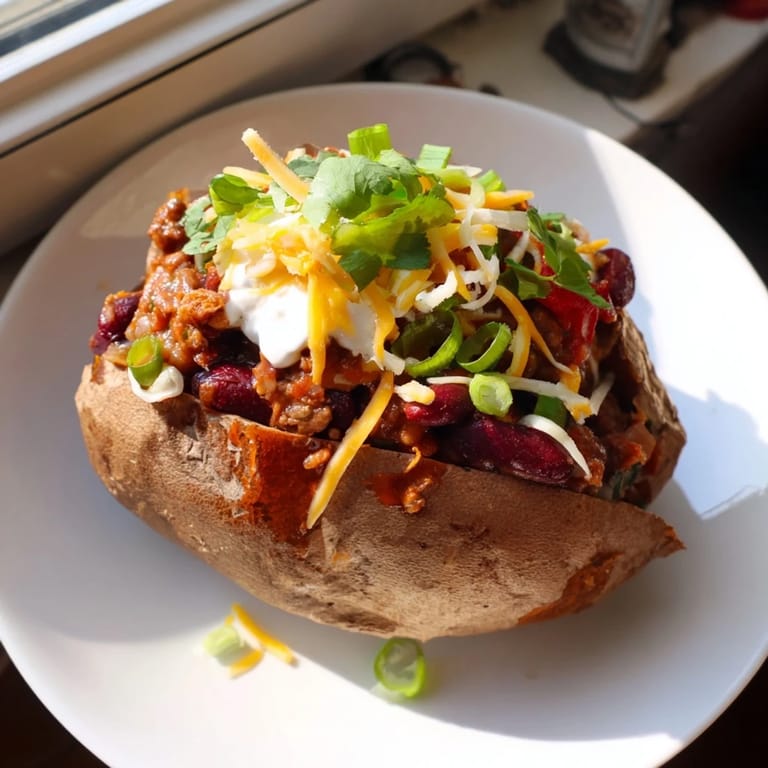 A close-up of hearty chili-style baked potatoes piled high with a flavorful bean chili, ready to eat.