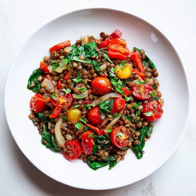 A close-up of the Lentil-Tomato Skillet, showcasing juicy tomatoes with fresh basil and parsley.