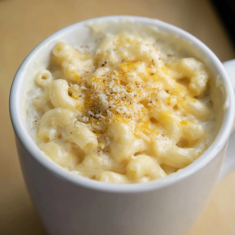 A close-up of creamy microwave mug mac & cheese, topped with Parmesan and paprika for flavor.
