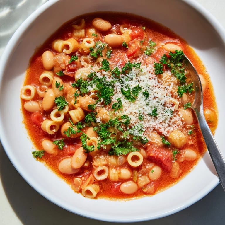 A close-up of a rustic bowl of Pasta e Fagioli Soup, full of beans and perfectly cooked pasta, is very inviting.