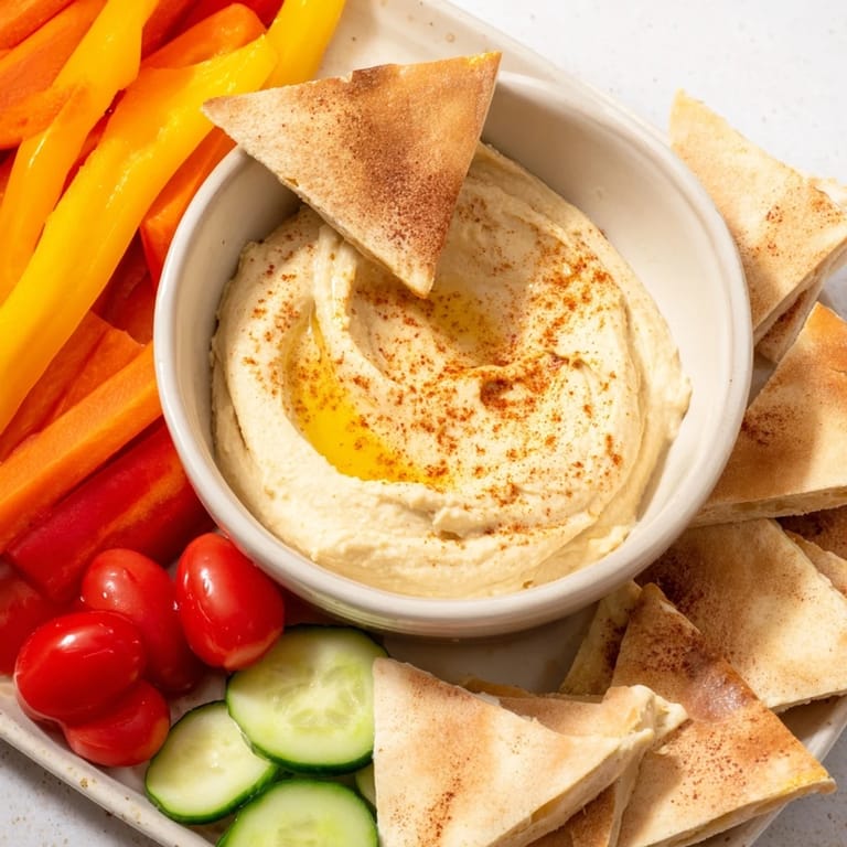 Creamy, homemade hummus served alongside golden pita bread and colorful veggie sticks.