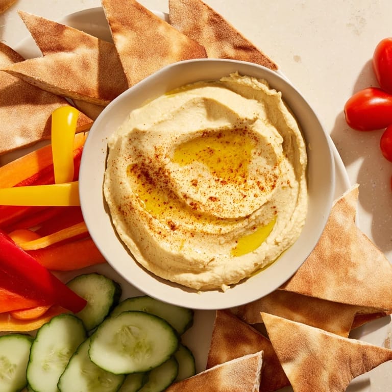 Indulge in this image featuring a close-up of DIY hummus with perfectly baked pita and crunchy vegetables.