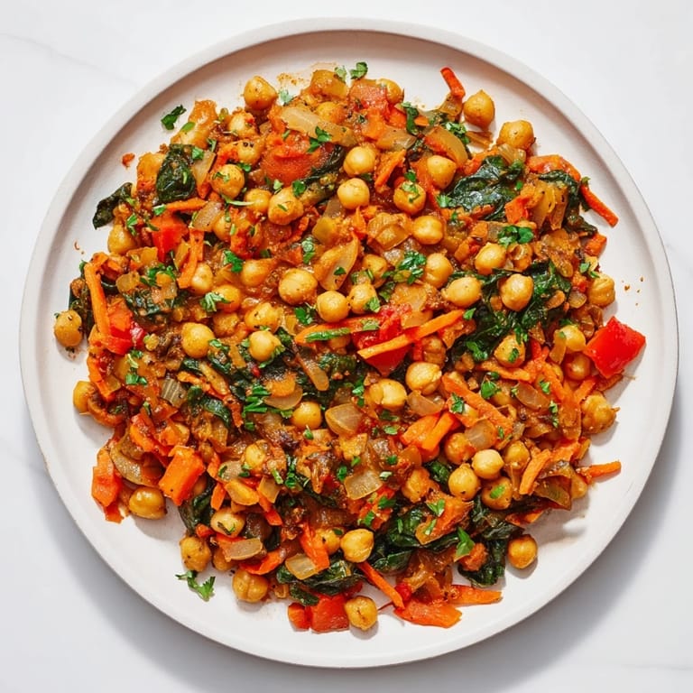 Golden-hued Vegetarian Chickpea & Spinach Skillet simmers, showing tender spinach and hearty chickpeas in a tomato broth.