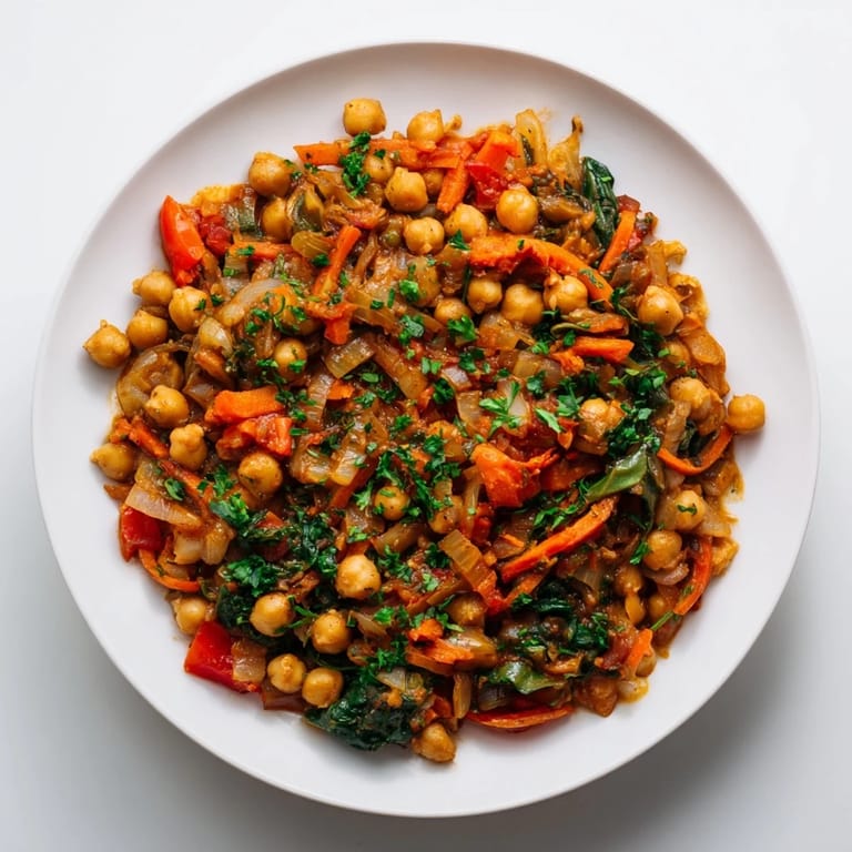 This flavorful Vegetarian Chickpea & Spinach Skillet is served hot, garnished with fresh herbs and lemon.