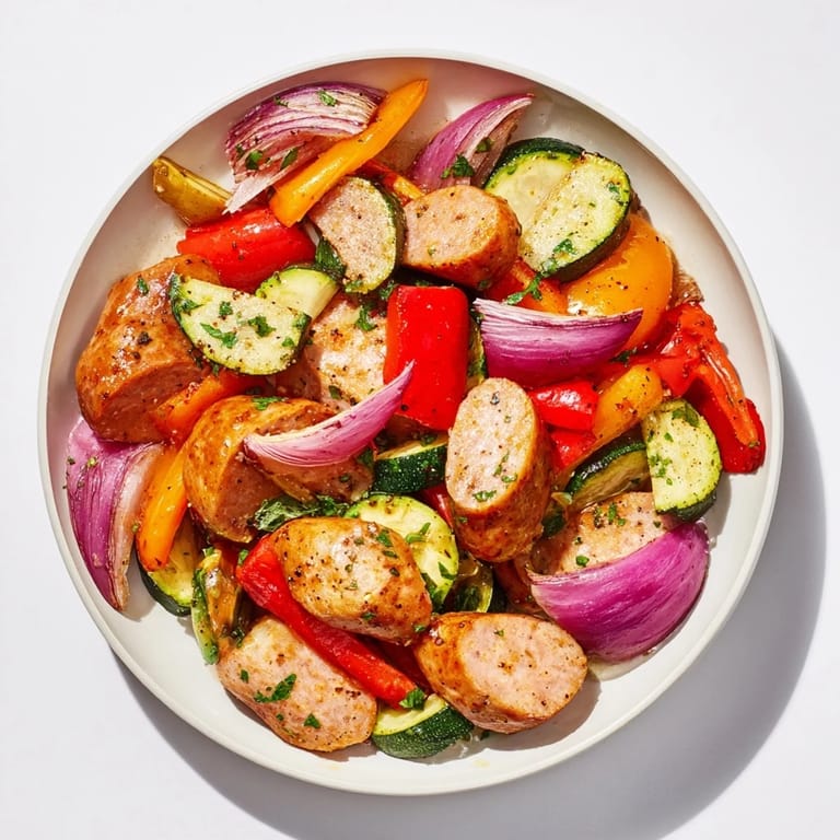 Vibrant sheet-pan roasted veggies and sausage with colorful bell peppers in a delicious, healthy dish.