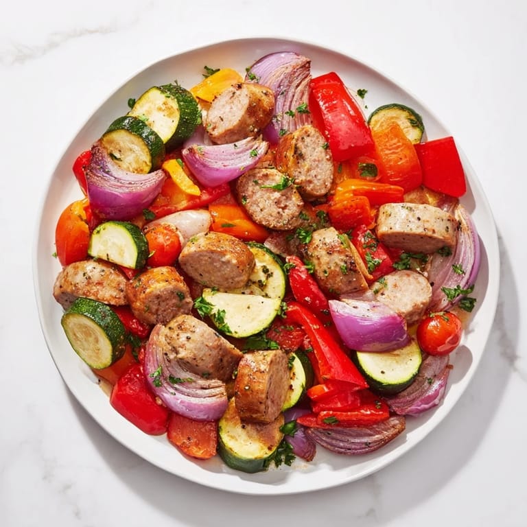 Deliciously roasted sheet-pan roasted veggies and sausage, perfect for a quick, flavorful weeknight meal.