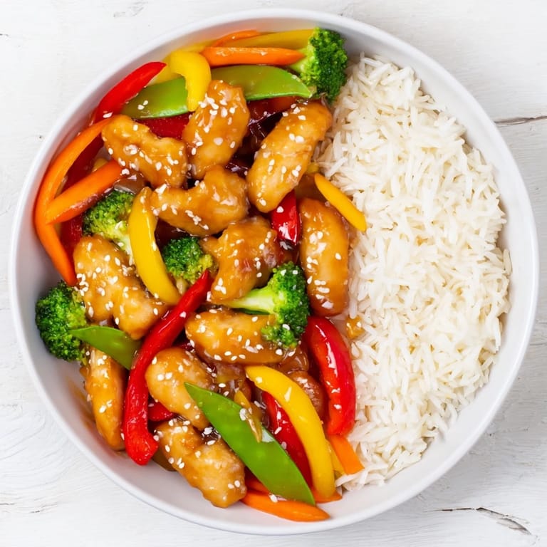 Imagine fluffy rice beneath the Chicken Stir-Fry with Vegetables and Rice, garnished with fresh herbs.