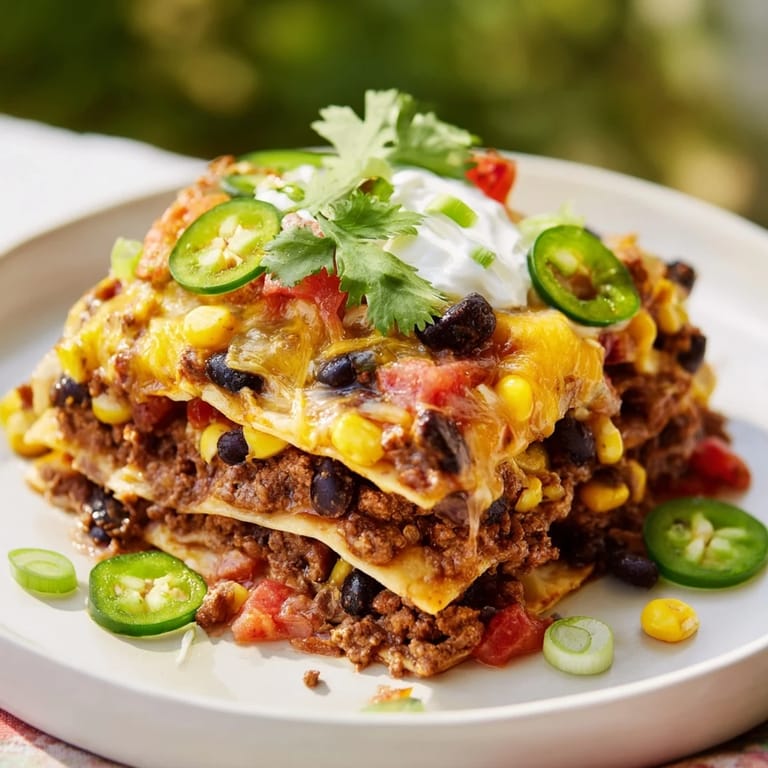 A bubbling taco lasagna with golden cheese crust, ready to be sliced and served with family.
