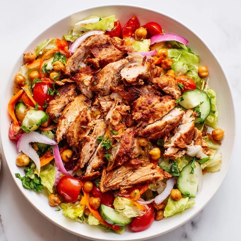 A bowl of delicious chicken salad: shredded chicken with peppers, tomatoes, and herbs, perfect for lunch.