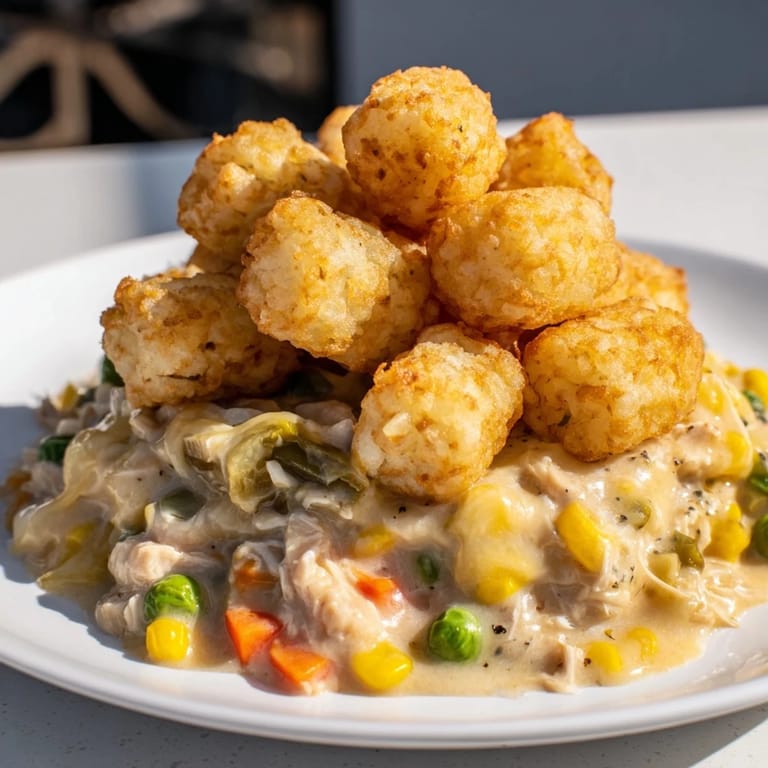 A close-up of a bubbly, savory Tater Tot Chicken Pot Pie, ready to serve with a crispy topping.