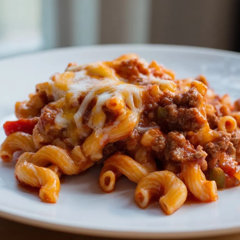 A hearty visual of Hamburger Casserole, showcasing the layered flavors and rich texture of the baked dish.
