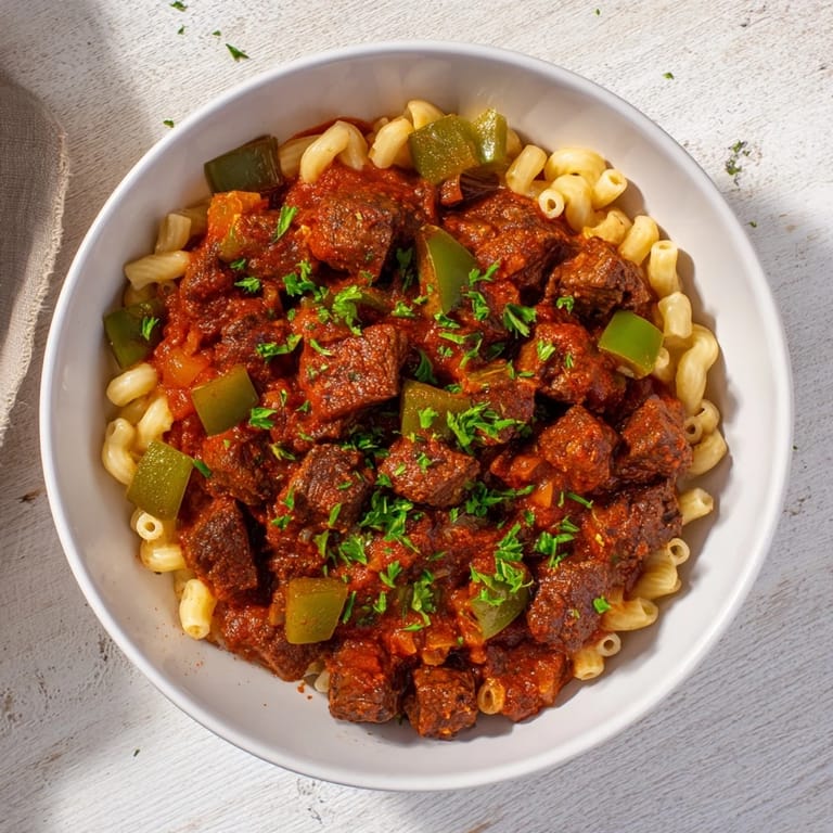 Homemade goulash, a classic American family meal made with beef, pasta, herbs, and spices.