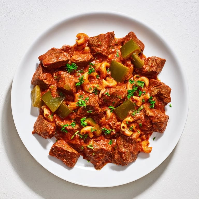 Close-up of a flavorful goulash, showcasing beef and pasta enveloped in rich, tomato sauce.