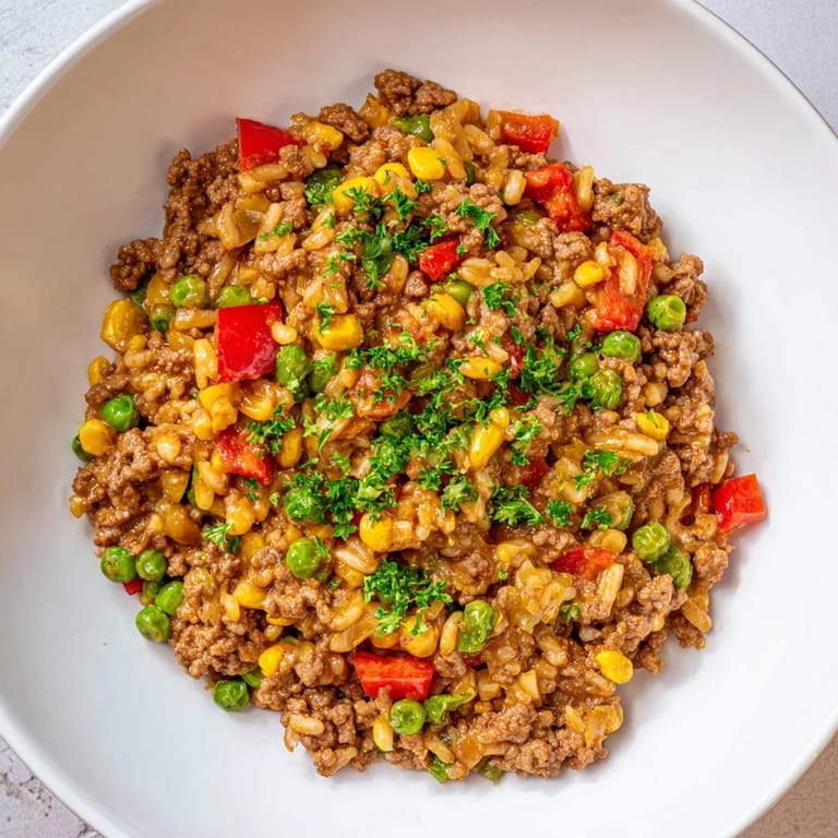 One-pan Ground Beef Skillet with Veggies & Rice, featuring colorful vegetables in a hearty meal.