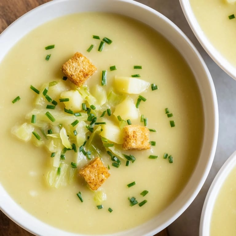 Creamy textured image of a bowl of homemade Potato Leek Soup, ready to be enjoyed.