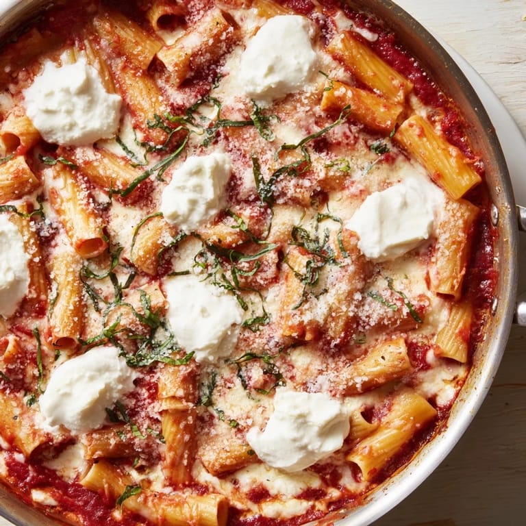 A hearty serving of One-Pan Baked Ziti, featuring creamy ricotta and golden-brown, melted cheese.