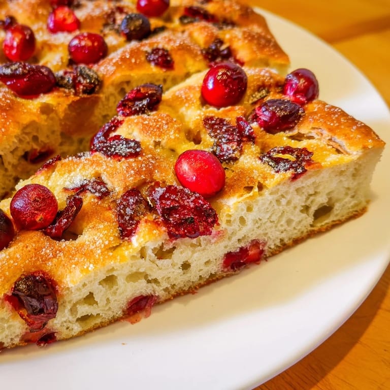 This delicious, homemade Cranberry Orange No-Knead Focaccia displays a satisfyingly crisp, olive oil crust.