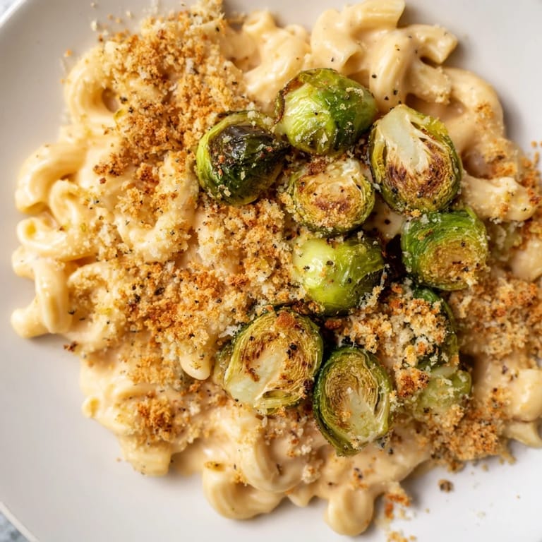A close-up of sheet pan mac and cheese; creamy, cheesy, and topped with crispy breadcrumbs.