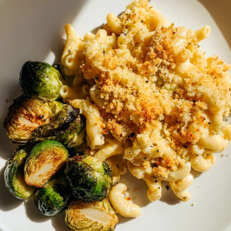 Sheet pan mac and cheese with Brussels sprouts: a savory, comforting, and easy weeknight meal idea.