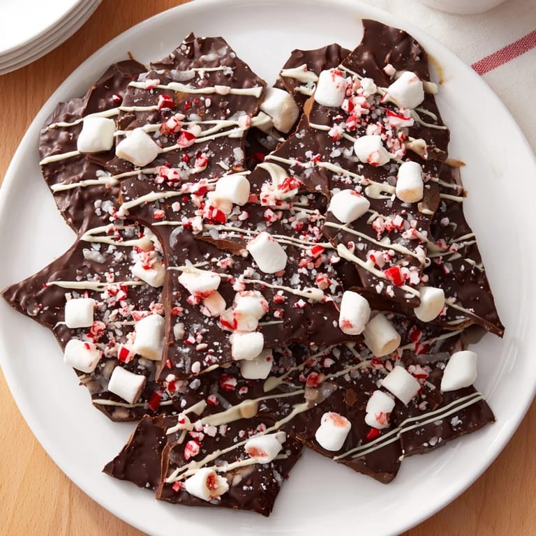 This festive Hot Chocolate Bomb Bark showcases a tempting mix of melted chocolate and sweet peppermint toppings.
