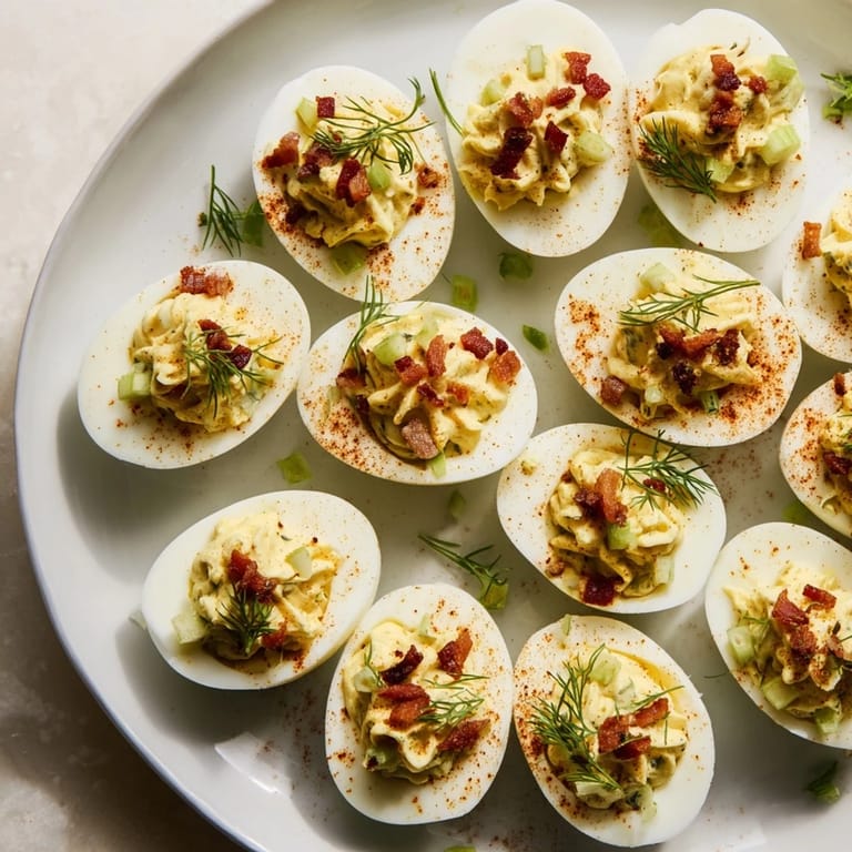 Creamy loaded deviled eggs, a classic appetizer, garnished with smoked paprika, perfect for parties and gatherings.