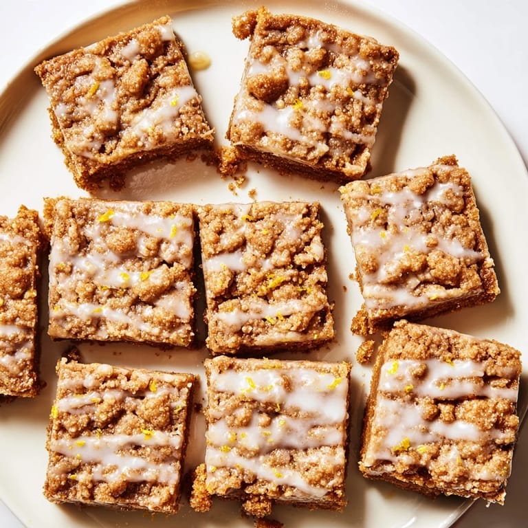 Buttery crumble tops golden baked Lemon-Glazed Gingerbread Crumble Bars, ready for a delicious dessert.