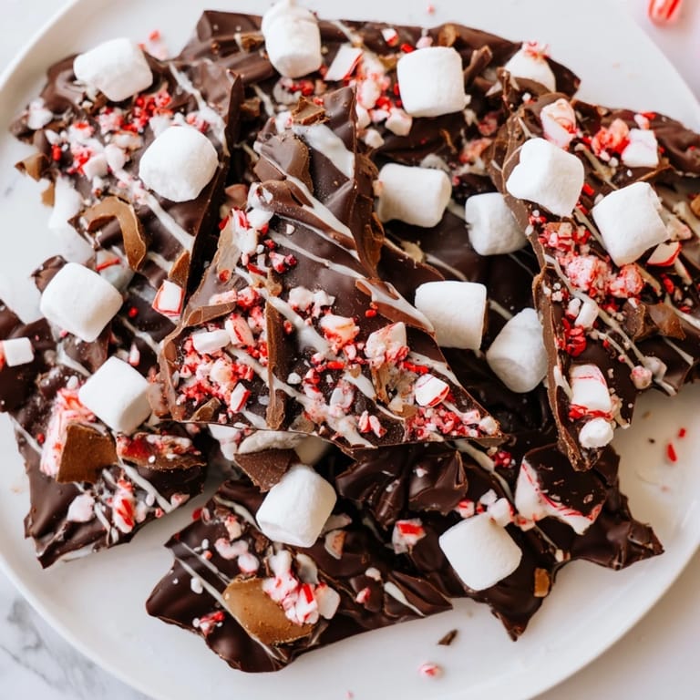 A close-up of a festive Hot Chocolate Bomb Bark with generous chocolate drizzle and sprinkles.