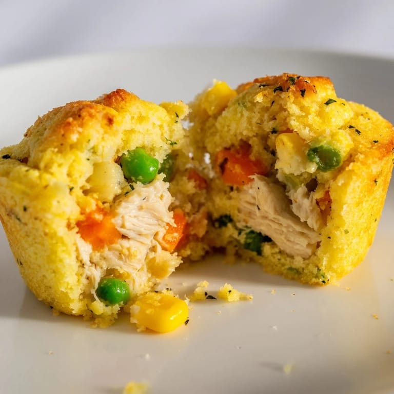 Fluffy Mini Chicken Pot Pie Cornbread Muffins, showcasing a delightful blend of chicken and savory cornbread goodness.
