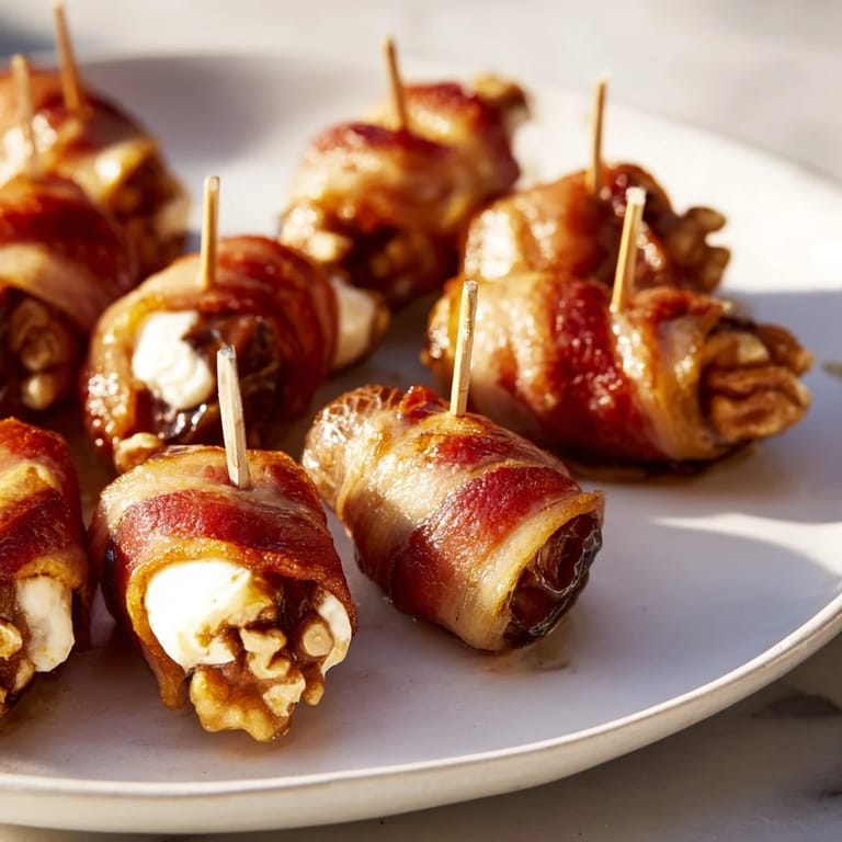 Golden brown bacon embraces sweet dates filled with creamy cheese and walnuts; get this recipe!