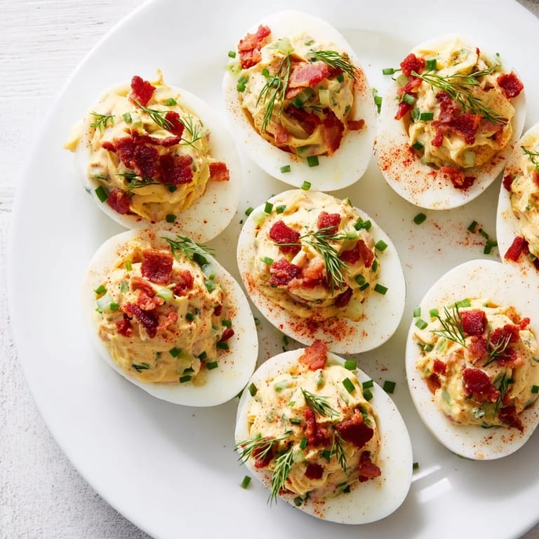 Beautiful plated Loaded Deviled Eggs with vibrant green dill, perfect for a party appetizer.