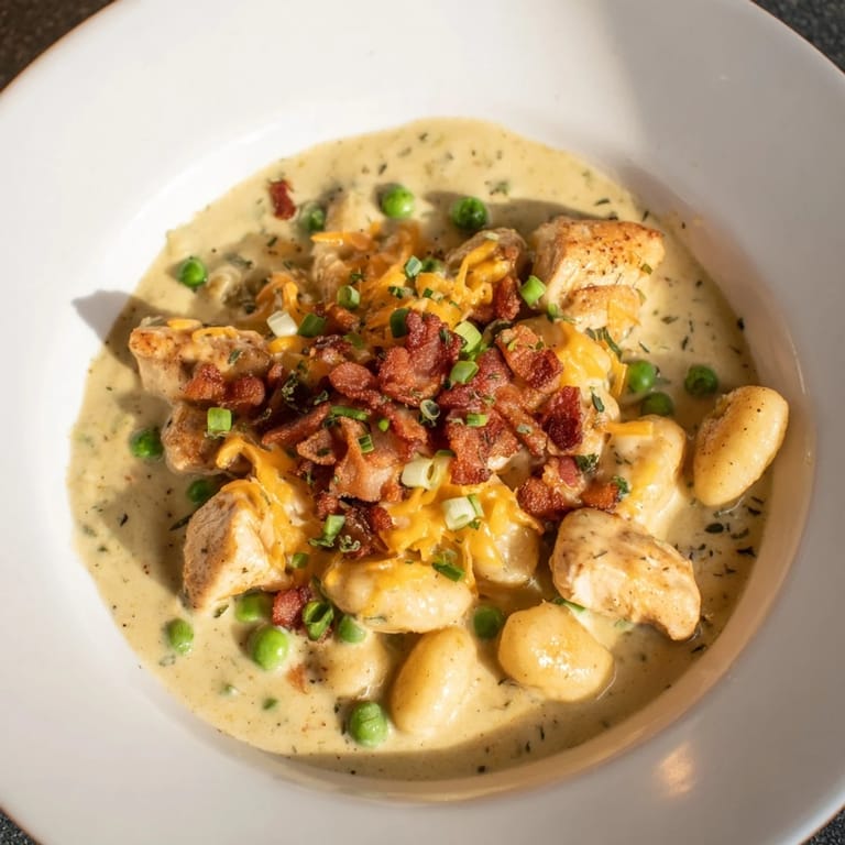 This photo depicts steaming Creamy Crack Chicken Gnocchi -- the perfect blend of cheese, bacon and fluffy gnocchi.