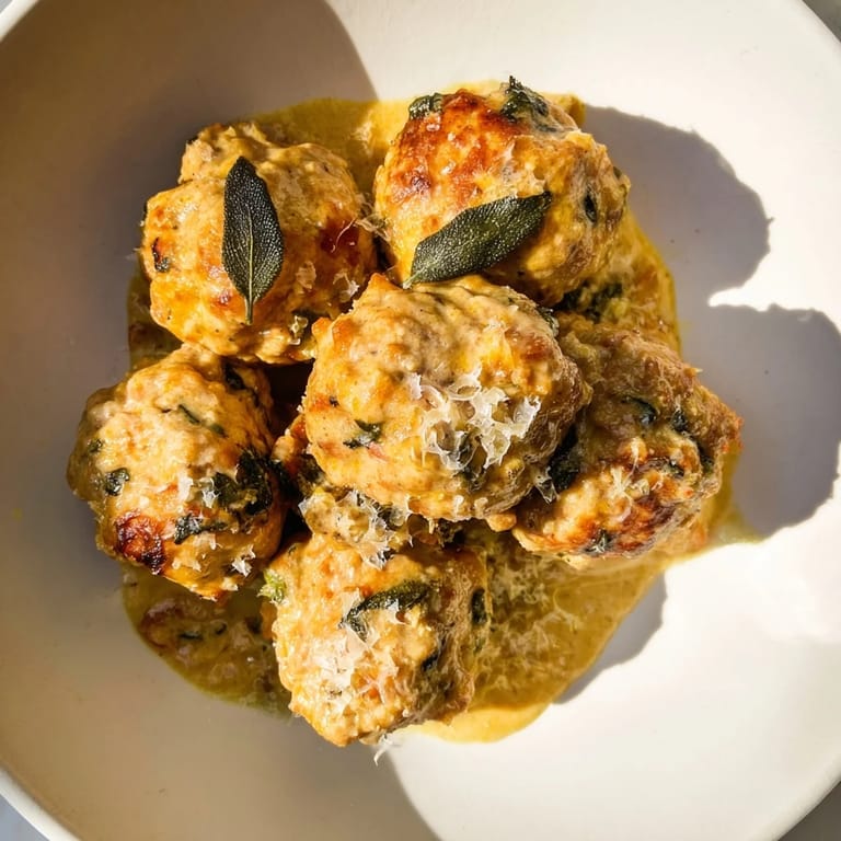 Golden-brown turkey meatballs smothered in a rich pumpkin sage sauce, perfect for a cozy fall meal.