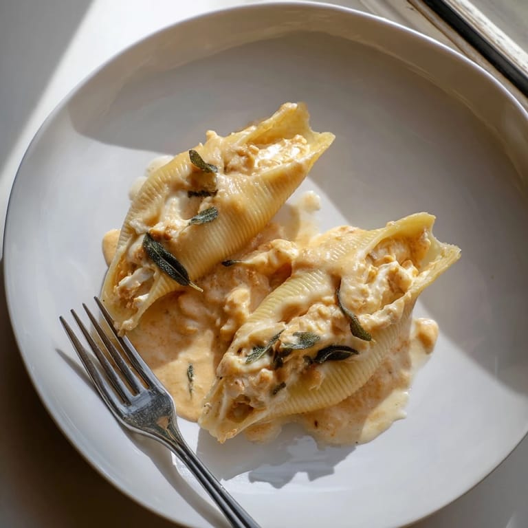 Delicious Pumpkin & Gouda Stuffed Shells, filled with creamy pumpkin, baked to perfection with brown butter.