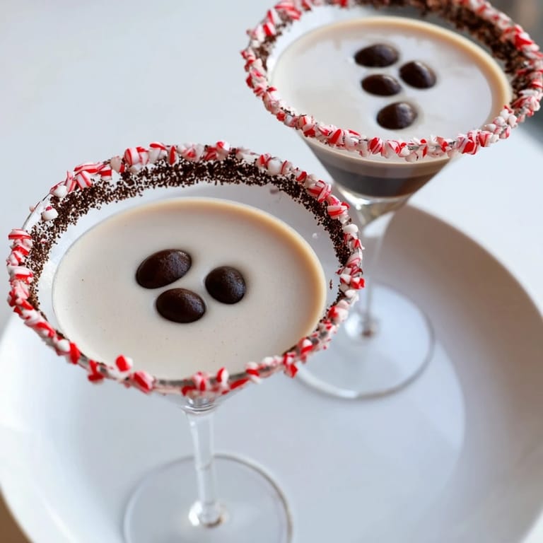 Glistening martini glass with a rich Peppermint Espresso Martini, garnished with espresso beans and a sweet chocolate rim.