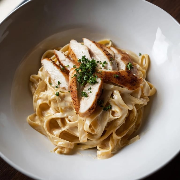 Beautiful plated dish of steamy Cajun Chicken Alfredo Fettuccine Pasta, showcasing a luscious Velveeta cheese sauce.