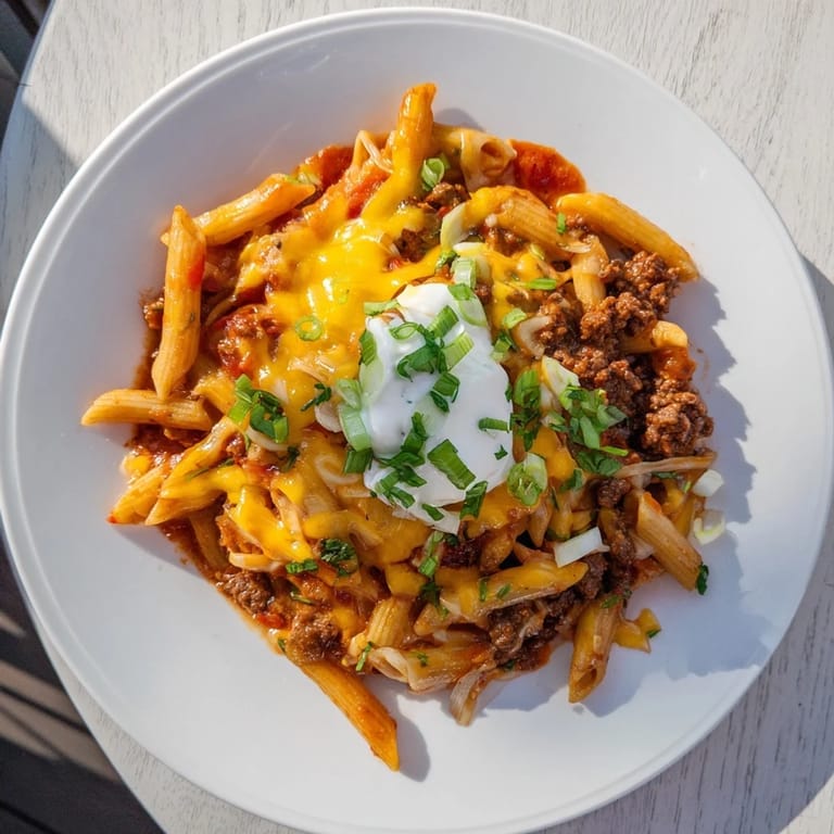 A steaming bowl of Easy Beef Enchilada Pasta: rich sauce, tender pasta coated with melted cheese.