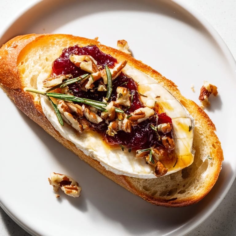 A close-up of festive Quick Cranberry Brie Crostini: creamy, sweet, and perfect for your next gathering.