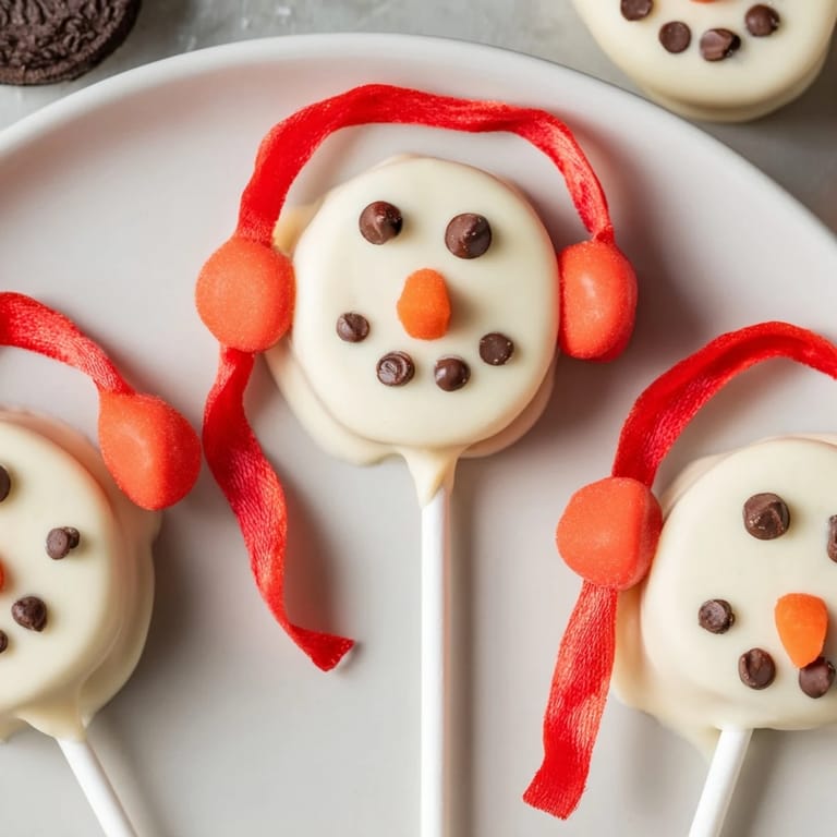These charming Budget-Friendly Oreo Snowman Pops are decorated with candy, creating a whimsical dessert.