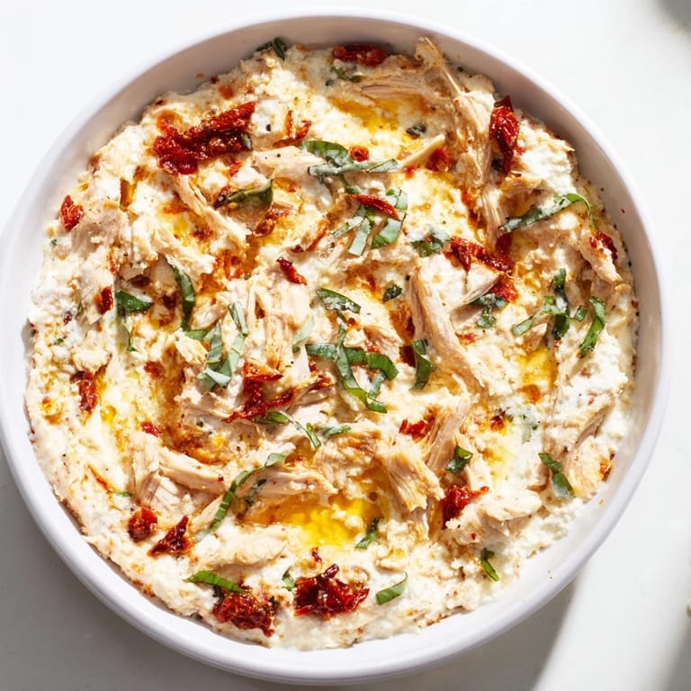 A close-up of bubbling Lightened Marry Me Chicken Dip; imagine the rich creaminess with toasted baguette.