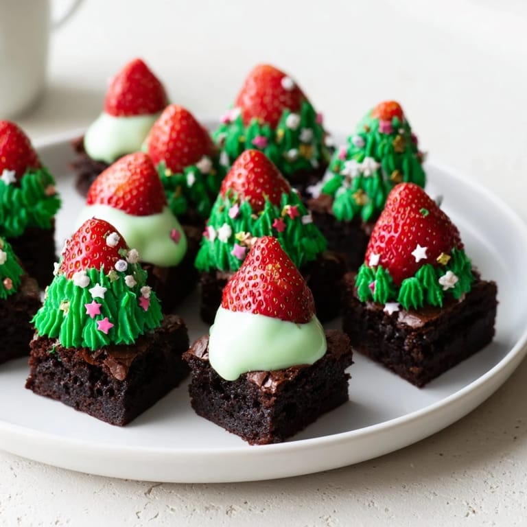 These adorable Christmas Tree Brownie Hats, featuring fluffy frosting, make the perfect holiday dessert treat.