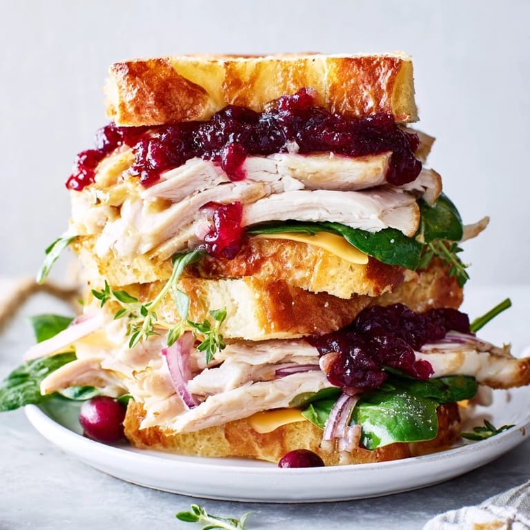 Warm and delicious, a freshly grilled Budget Christmas Sandwich on Brioche showcases its holiday fillings.