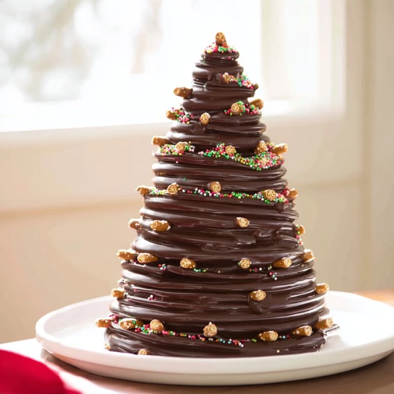 Melted chocolate drizzled into tree shapes, topped with sprinkles, making quick Express Chocolate Christmas Trees.