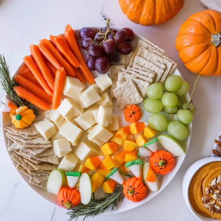 Fall harvest-themed Pumpkin Patch snack board ready to enjoy, featuring cheddar, crackers, and pumpkins.
