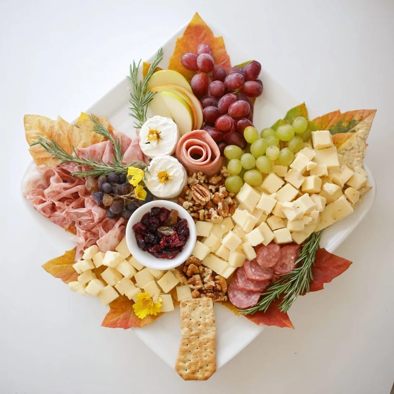 A beautifully arranged Maple Leaf Grazing Tray: cheeses, meats, and colorful fruits ready to enjoy together.