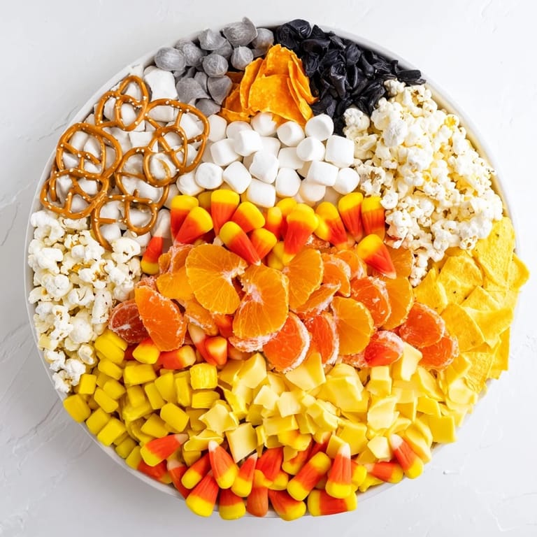 A visually appealing Candy Corn Spooky Board featuring a delightful mix of sweet and savory Halloween treats.